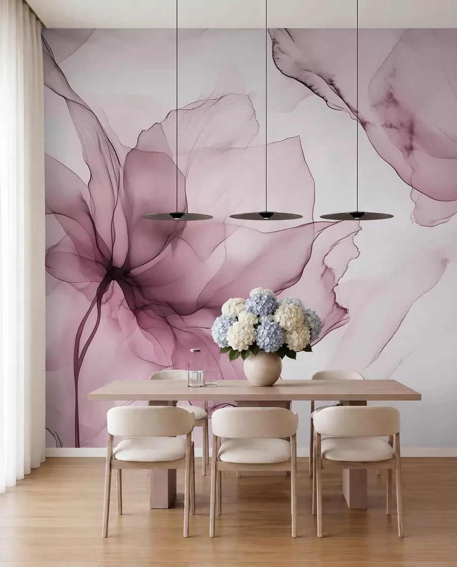 murais de parede Flores de estilo fluido, abstração floral, aguarela, paleta de cores rosa  w03406v1