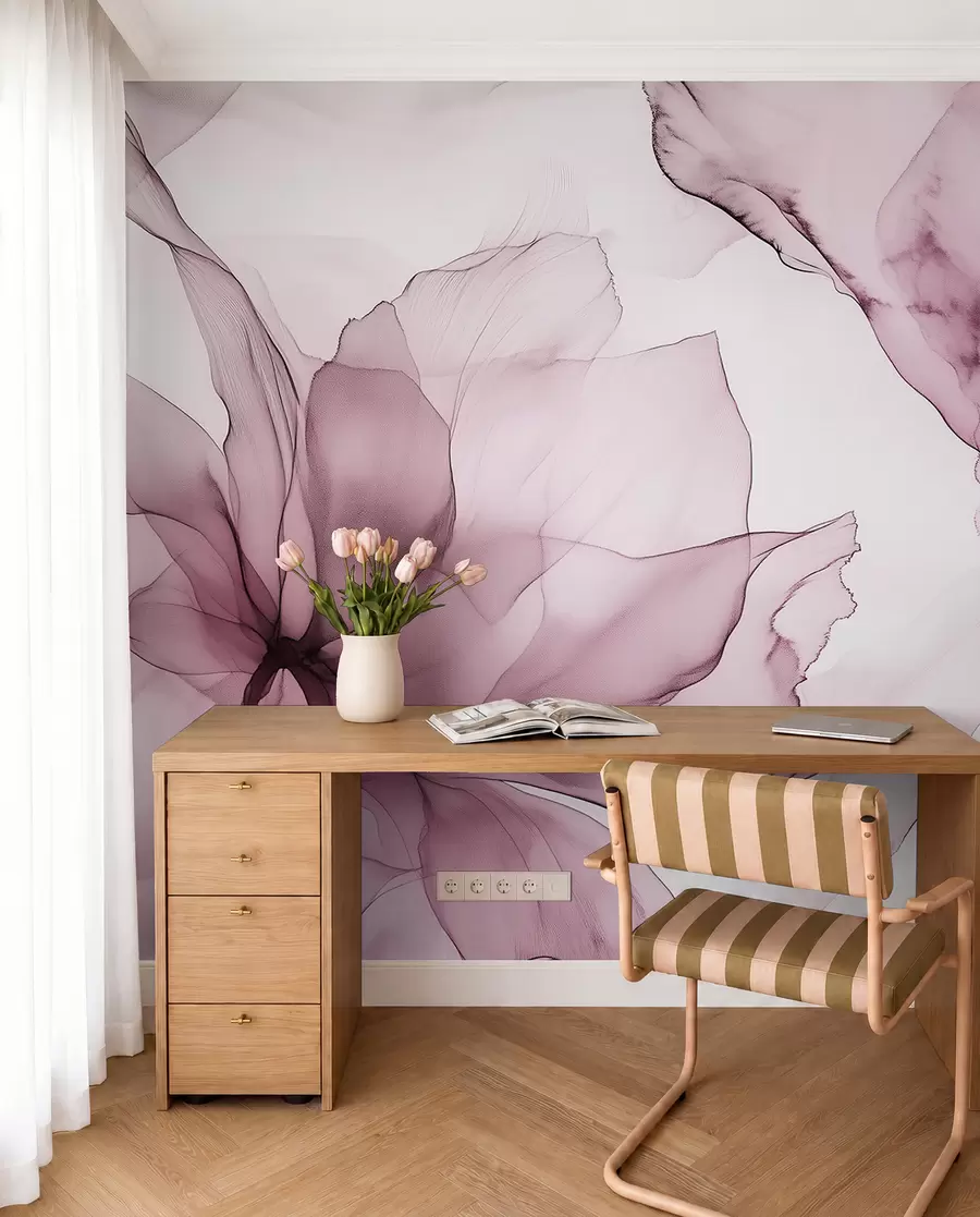 murais de parede Flores de estilo fluido, abstração floral, aguarela, paleta de cores rosa  w03406v1