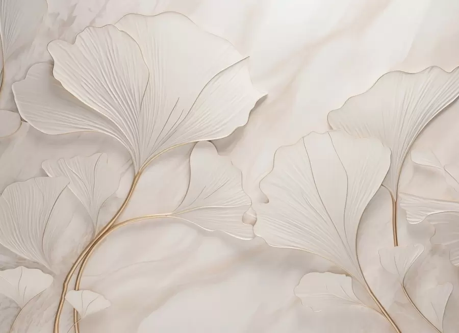 murais de parede Folhas em tons pastel sobre um fundo de mármore em tons de bege w03440v1