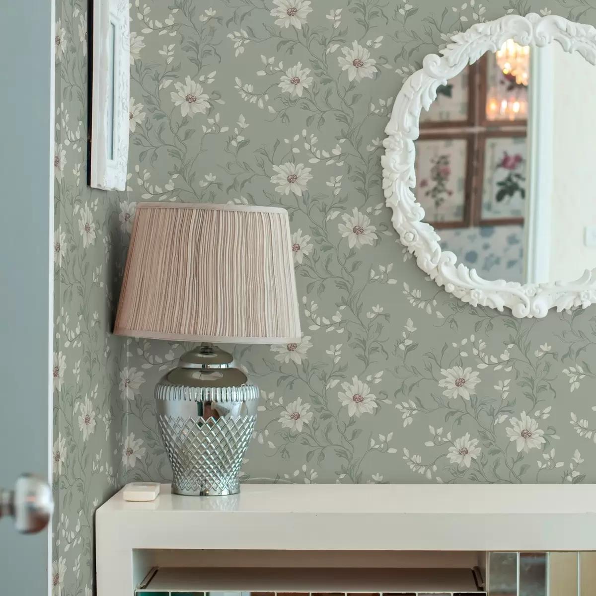 Papel de parede Flores brancas com folhas ondulantes a00001