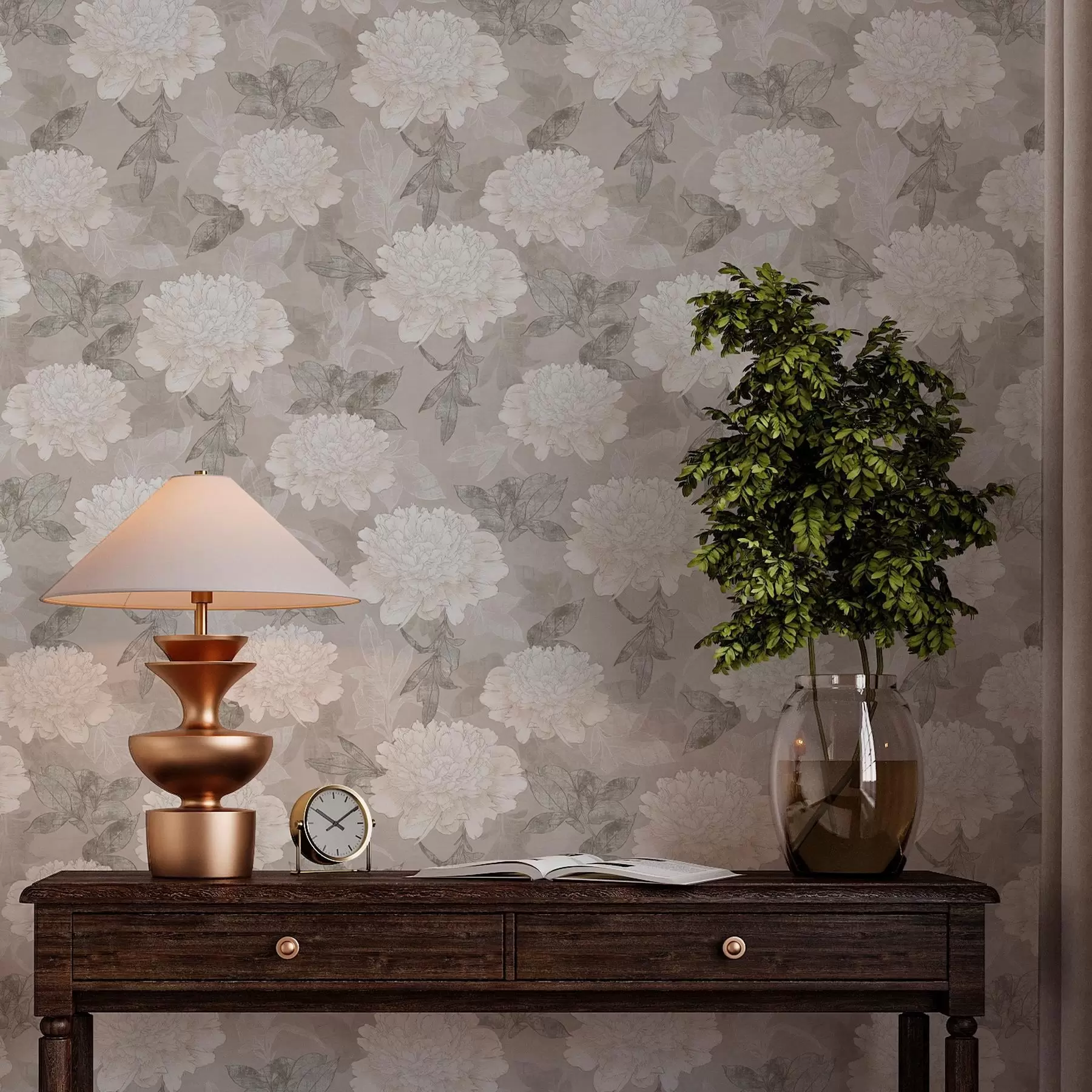 murais de parede Peónias e folhas de cor clara em estilo grunge a00005