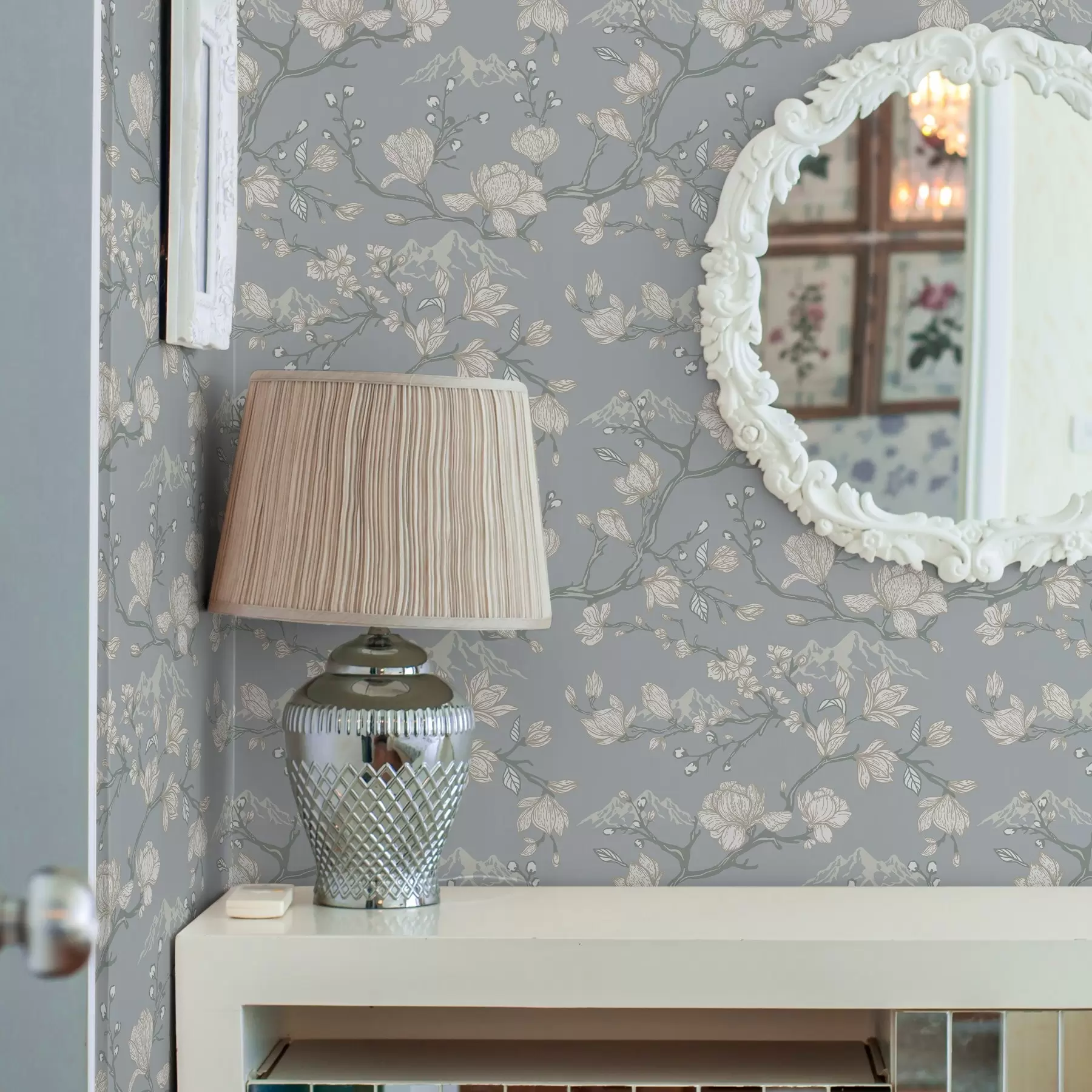 murais de parede Flores brancas em ramos e montanhas sobre um fundo azul a00021