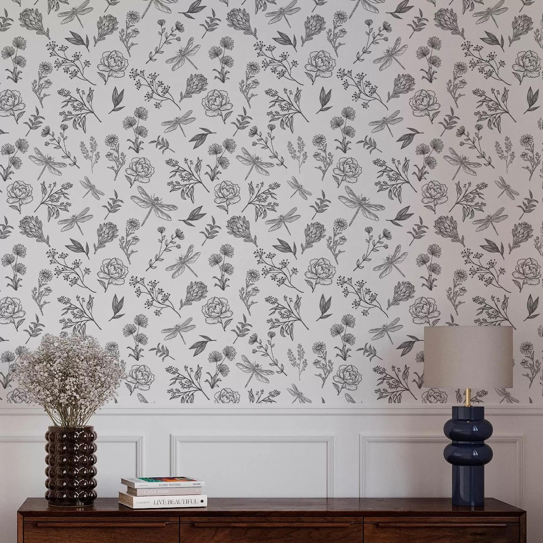 murais de parede Flores, folhas e libélulas sobre fundo branco a00025v1