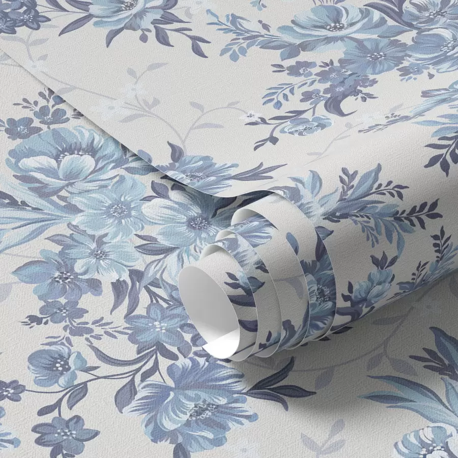 murais de parede Flores e folhas delicadas em tons de azul e azul sobre um fundo claro a00027