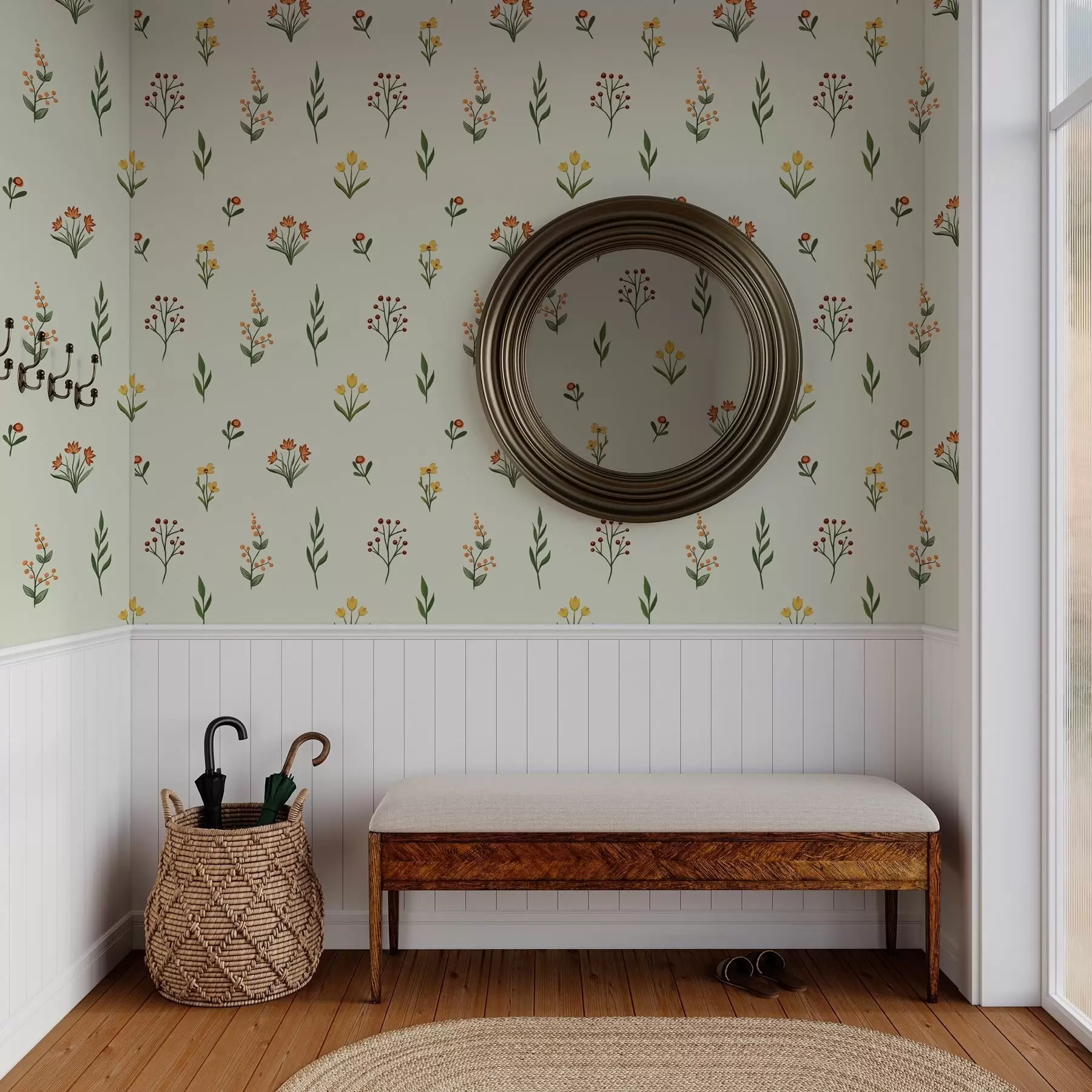 murais de parede Flores minimalistas sobre fundo verde claro a00037