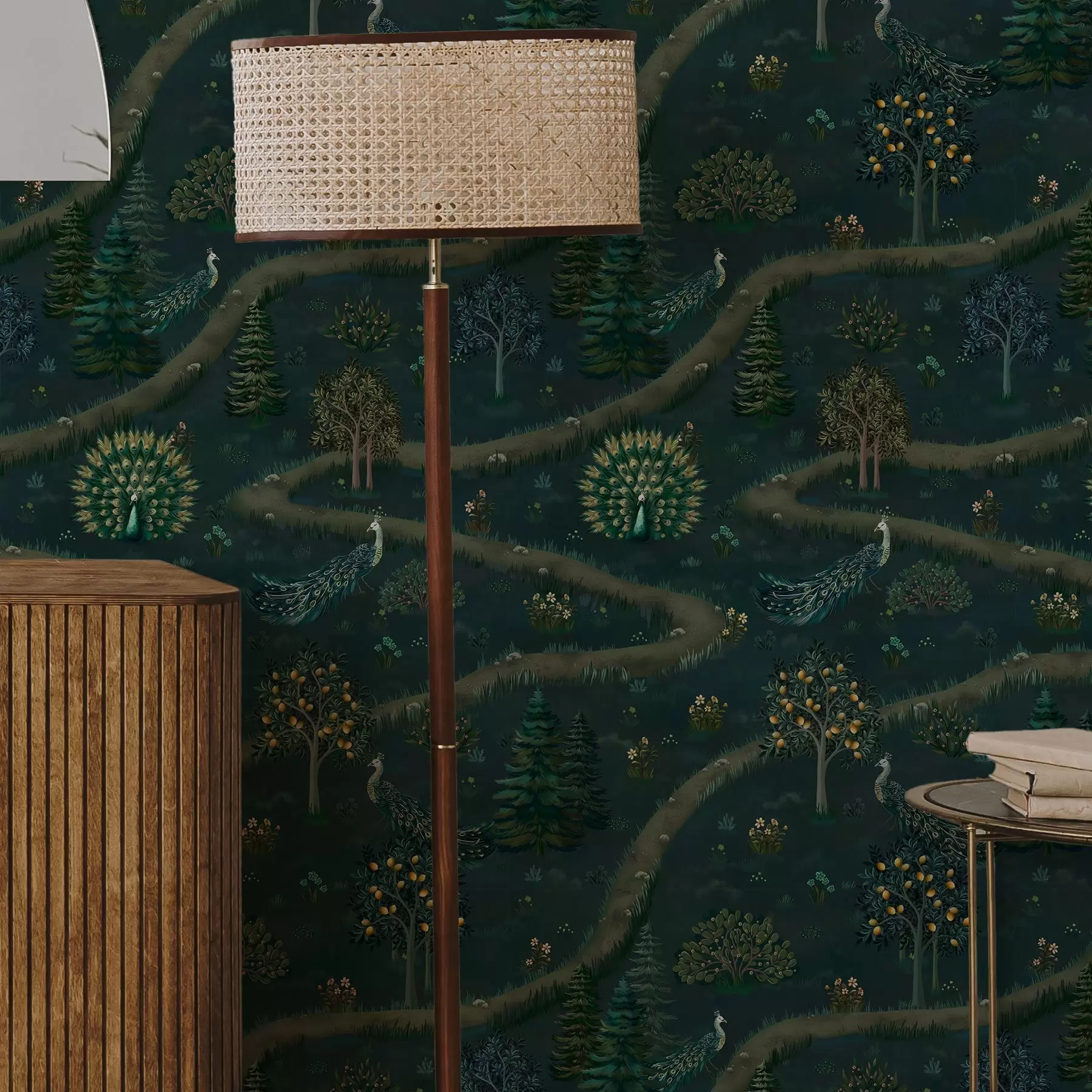 murais de parede Caminho sinuoso com pavões e limoeiros sobre fundo escuro a00041v1