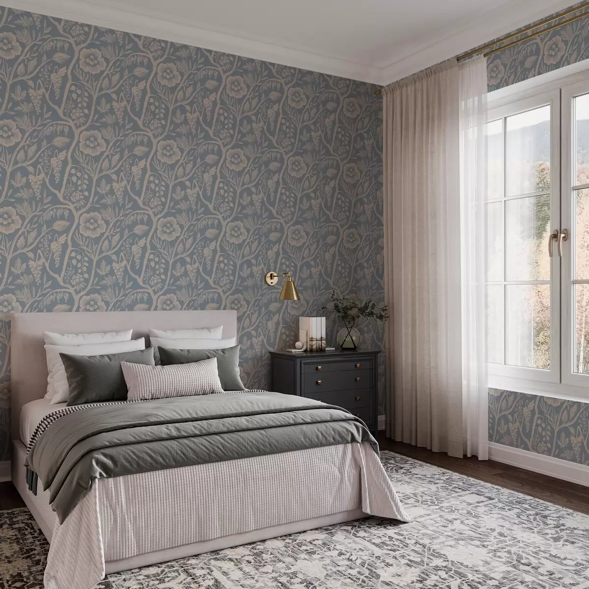 Papel de parede Flores brancas, caules e uvas sobre um fundo azul a00044