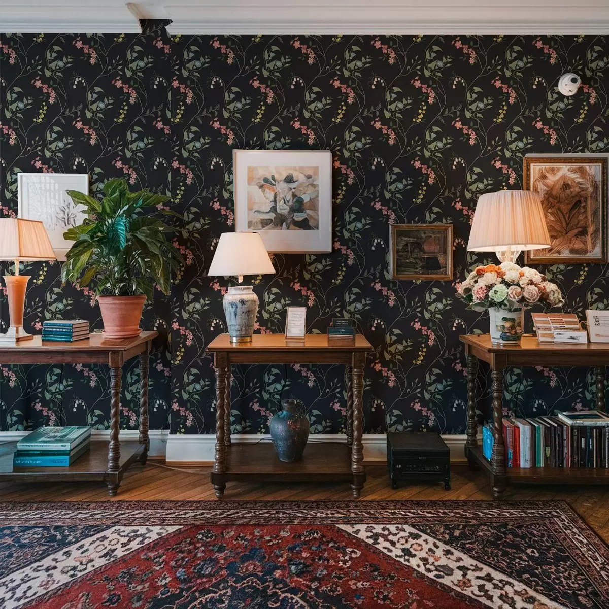 Papel de parede Flores, folhas e caules num fundo escuro a00047