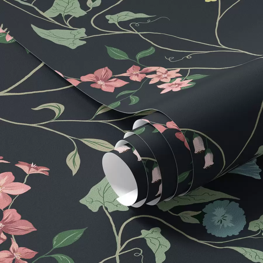 murais de parede Flores, folhas e caules num fundo escuro a00047