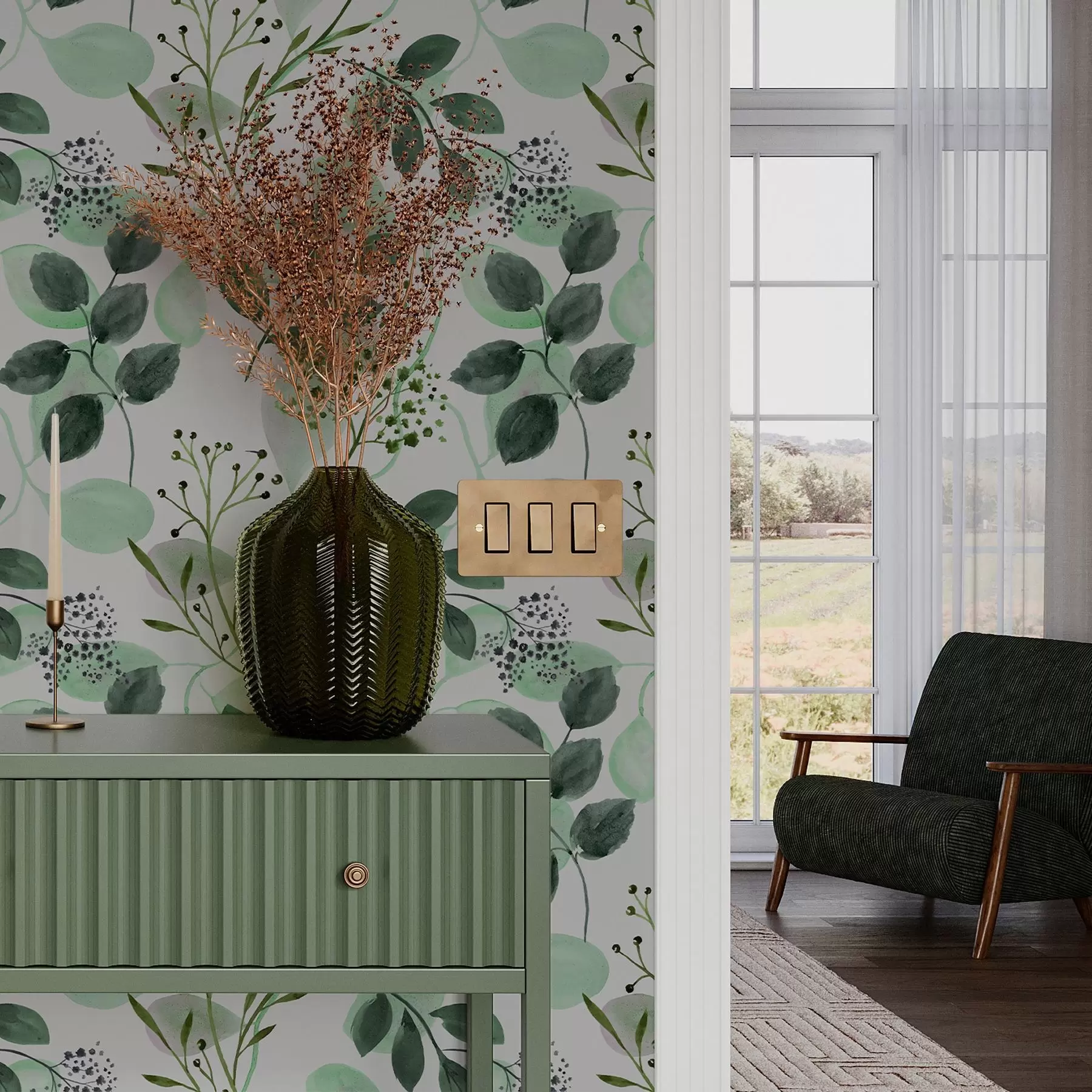 murais de parede Folhas de outono em estilo aguarela em tons de verde a00048v1