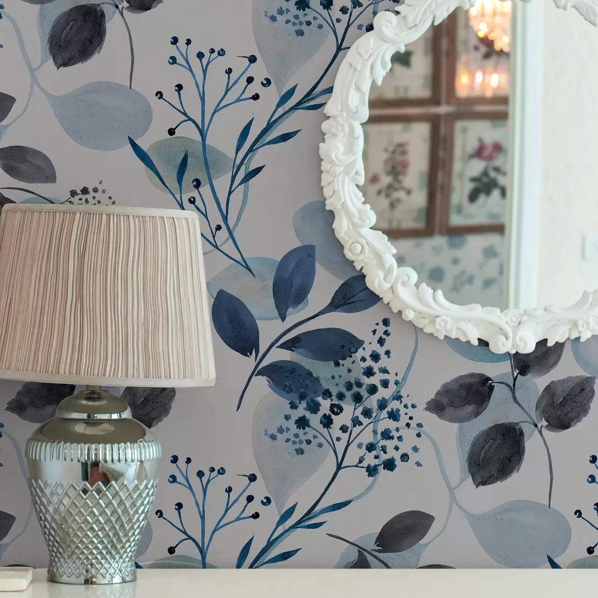Papel de parede Folhas de outono em estilo aguarela em tons azuis a00048v2