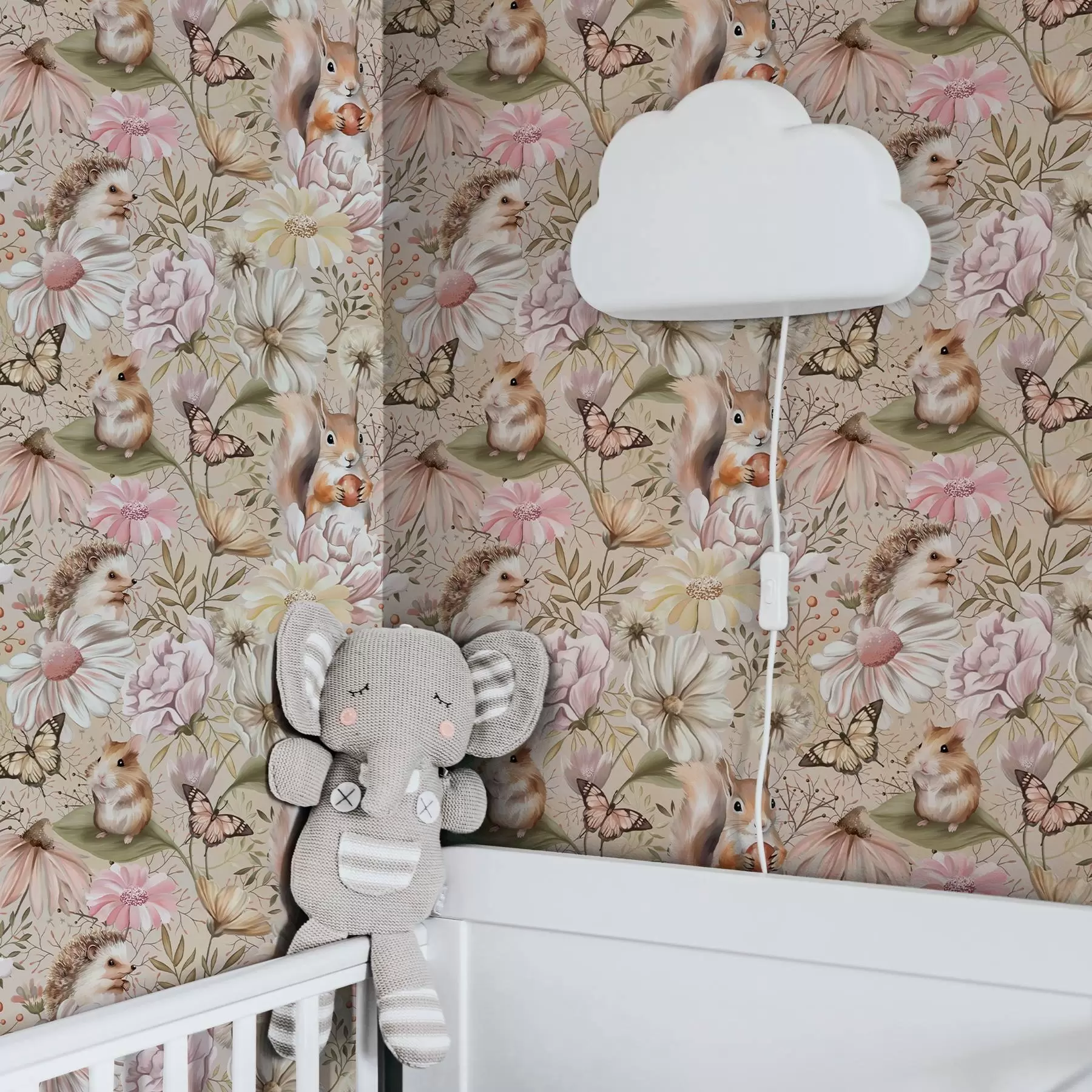 murais de parede Ouriço, esquilo, hamster e borboletas com flores em tons pastel a00051