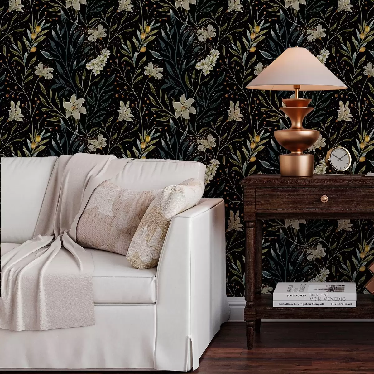 Papel de parede Composição de flores claras e folhas escuras sobre um fundo escuro a00053