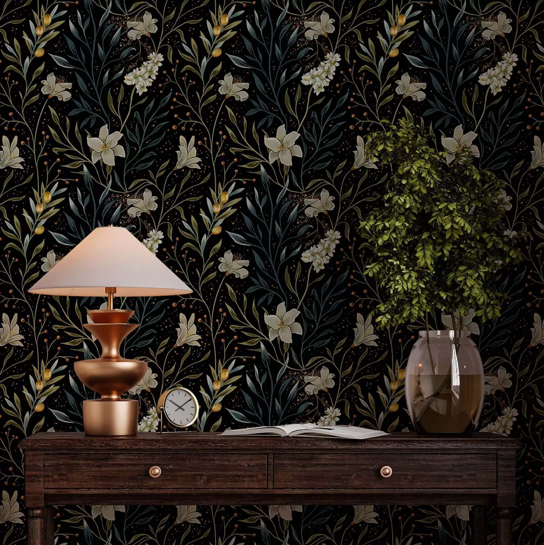 murais de parede Composição de flores claras e folhas escuras sobre um fundo escuro a00053