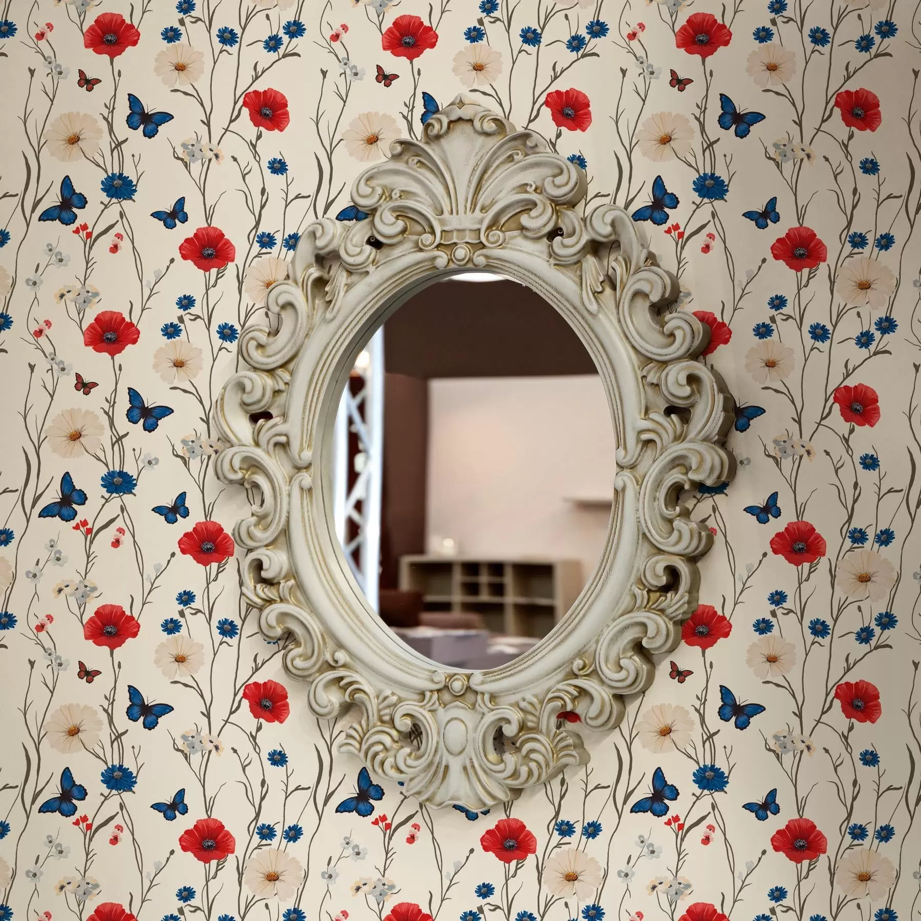 murais de parede Papoilas, margaridas e borboletas sobre fundo branco a00072