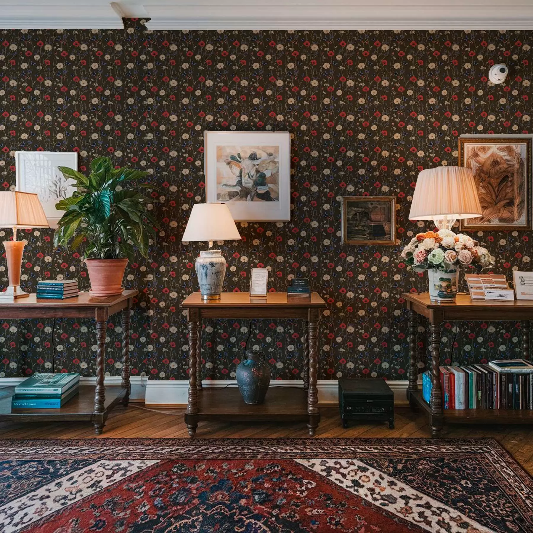 murais de parede Papoilas, margaridas e borboletas sobre um fundo escuro a00072v2