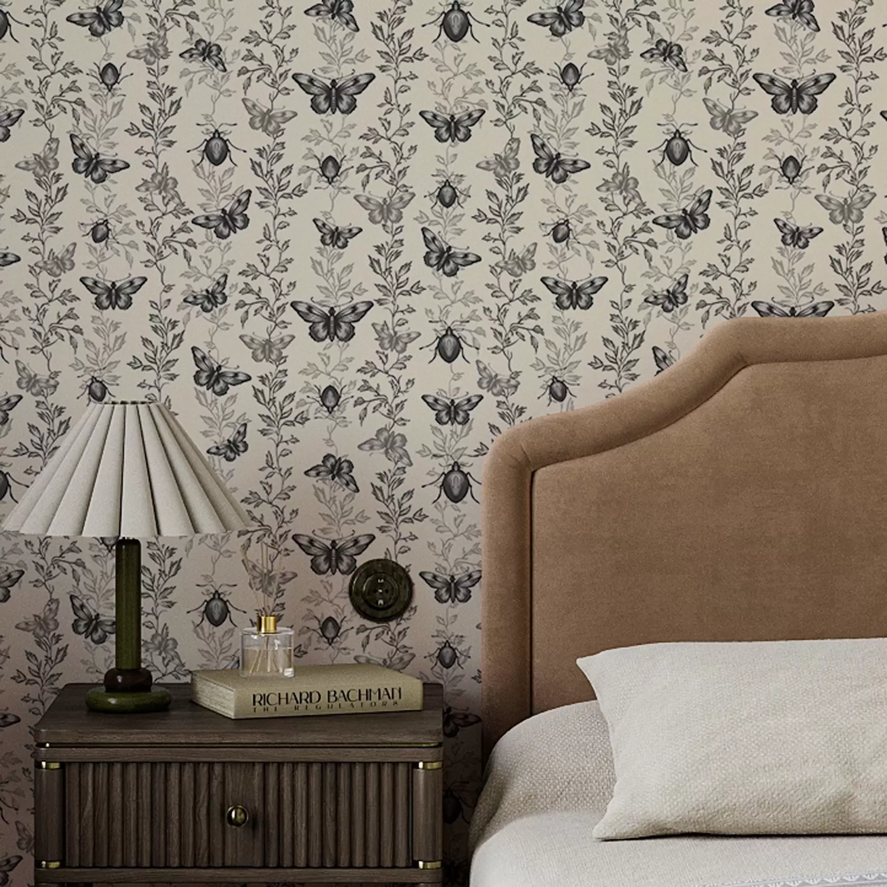 murais de parede Composição com borboletas, folhas e insectos sobre um fundo claro a00073v2