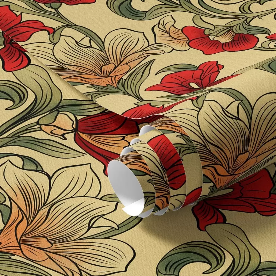 murais de parede Caules brilhantes e retorcidos com folhas e flores vermelhas a00075