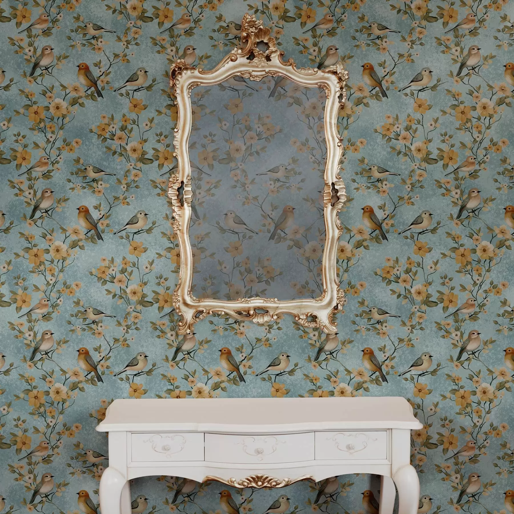 murais de parede Pequenos pássaros em ramos sobre fundo azul a00092