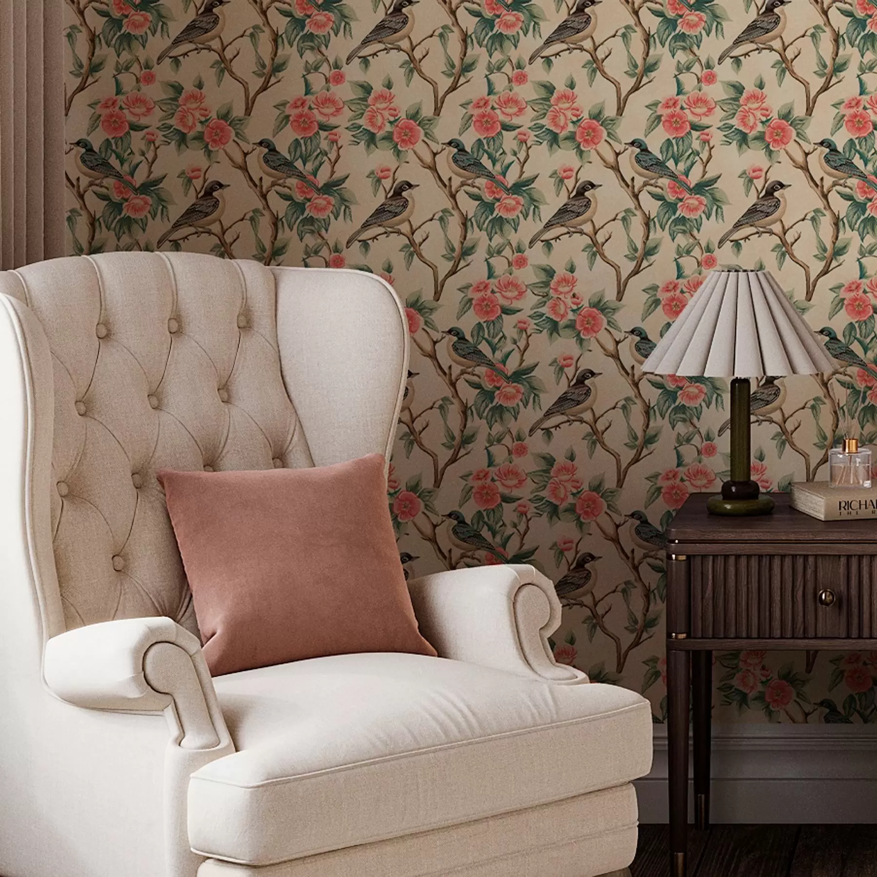 murais de parede Pequenos pássaros em ramos com flores num fundo claro a00093