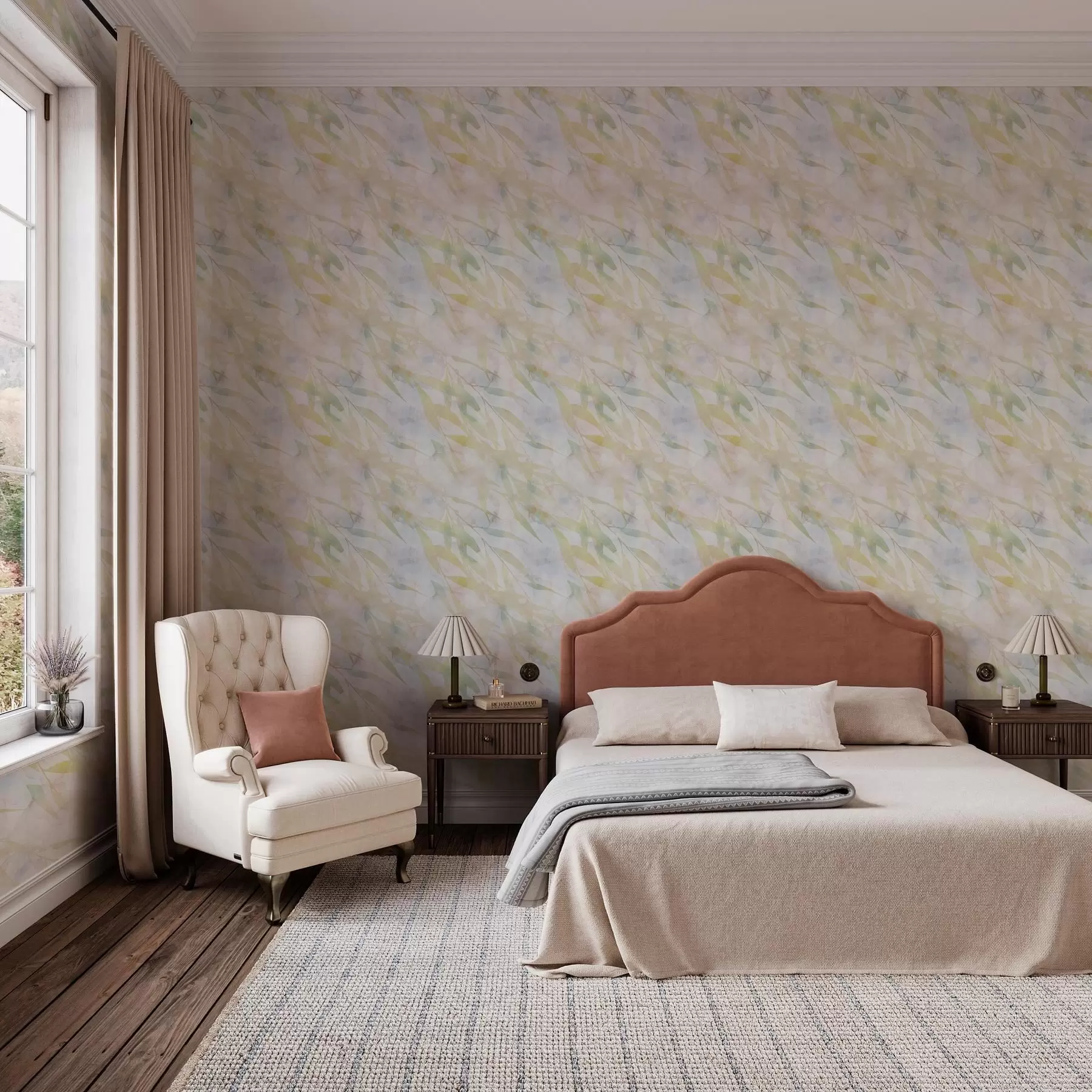 murais de parede Ramos verde-amarelos com folhas ao vento a00097