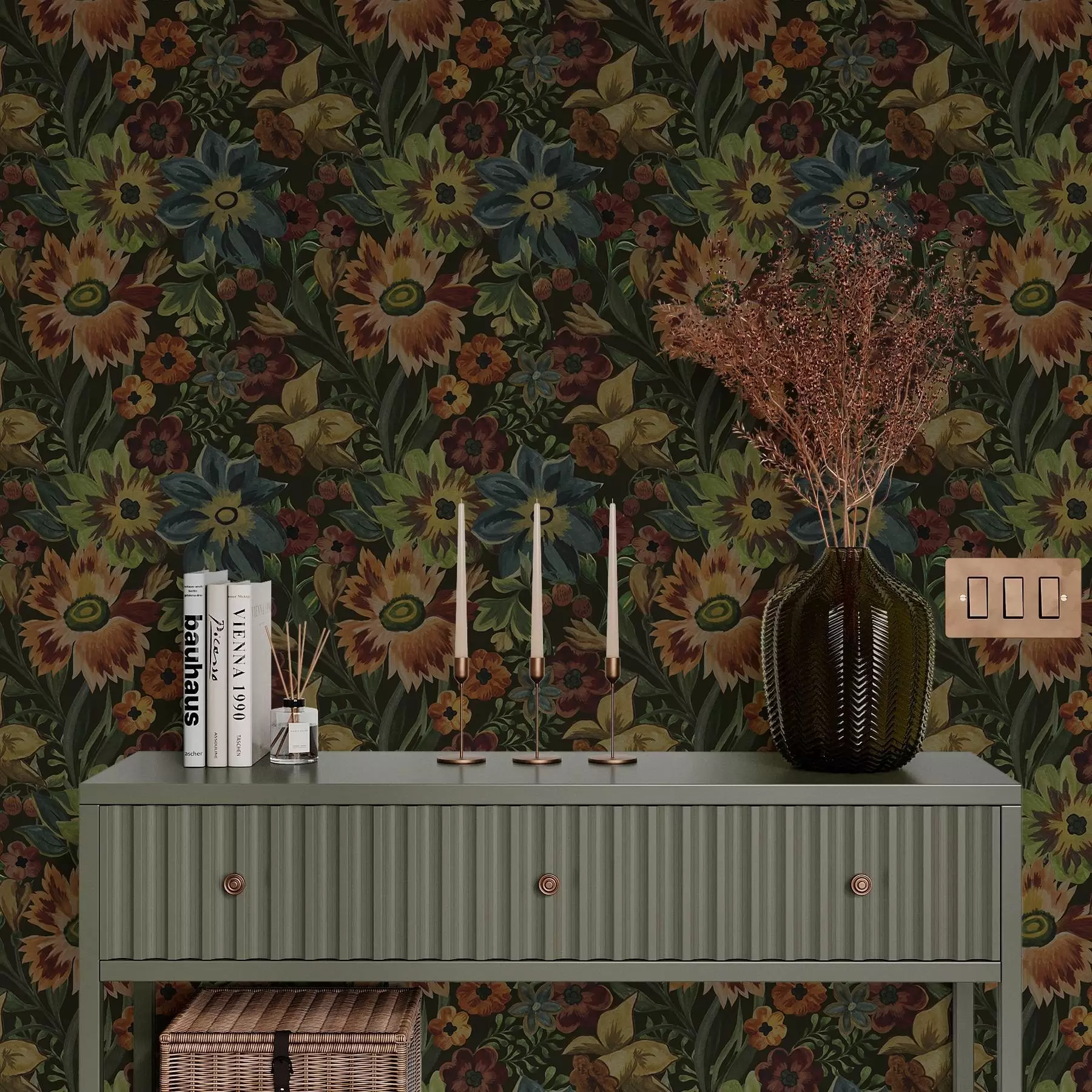 murais de parede Flores e folhas escuras sobre fundo escuro a00100