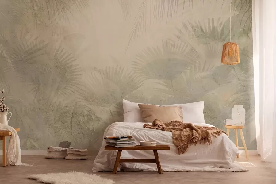 murais de parede Papel de parede retro tropical texturado em tons de bege w03399