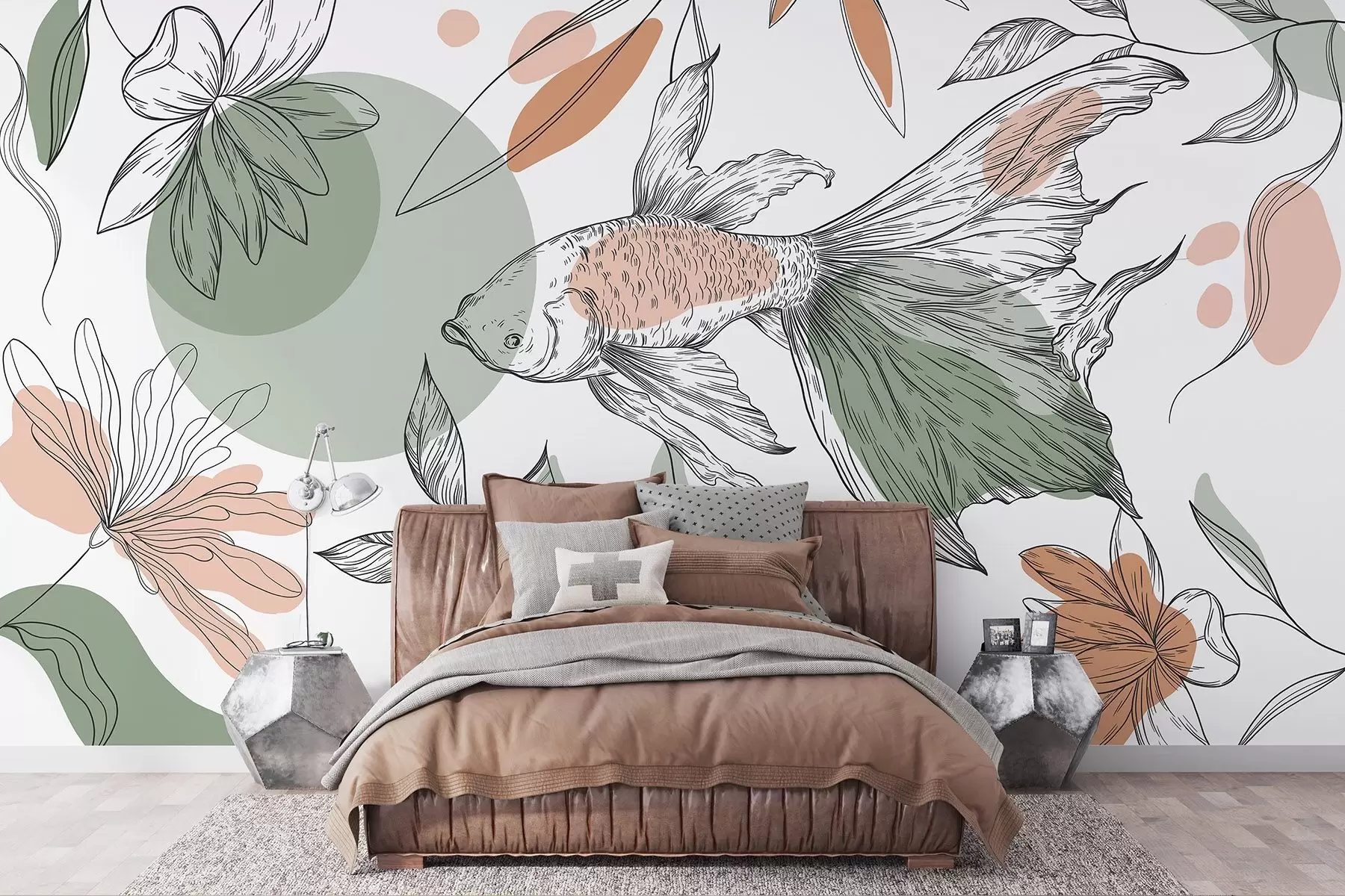 murais de parede Desenho de linhas de peixe com flores, minimalismo, marinho, floral, cores naturais w03448