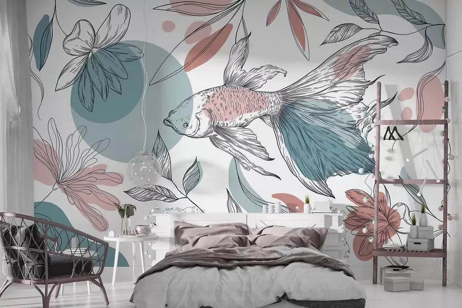 murais de parede Desenho de linhas de peixe com flores, minimalismo, marinho, floral, azul e cor-de-rosa  w03448v1