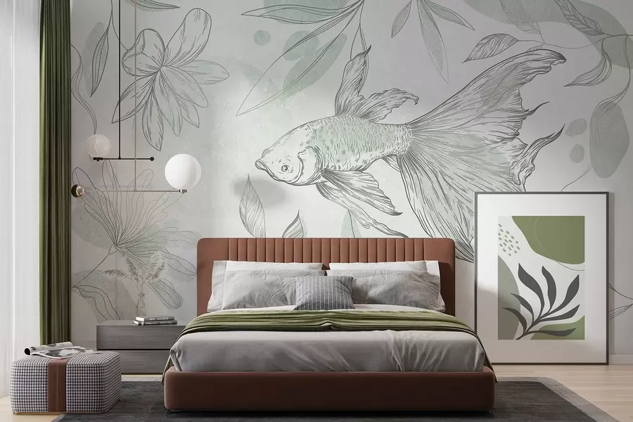 murais de parede Peixe com elementos florais, fundo verde, desenho de linhas w03517v1