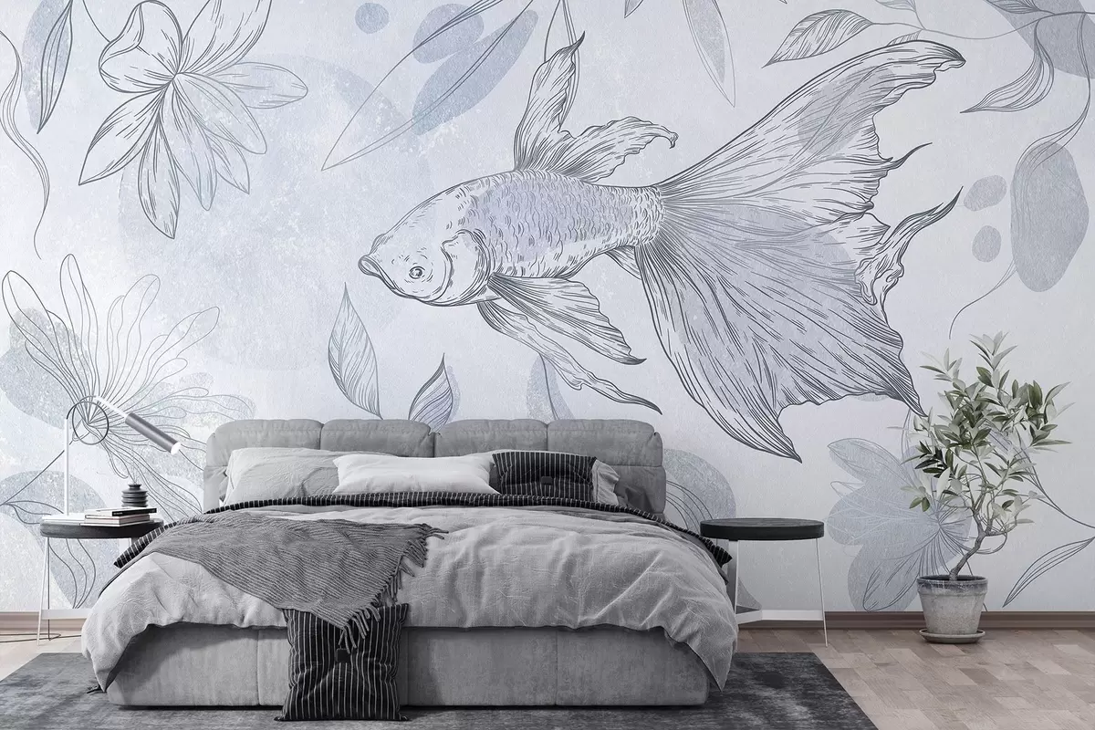 murais de parede Peixe com elementos florais, fundo azul, desenho de linhas w03517v2