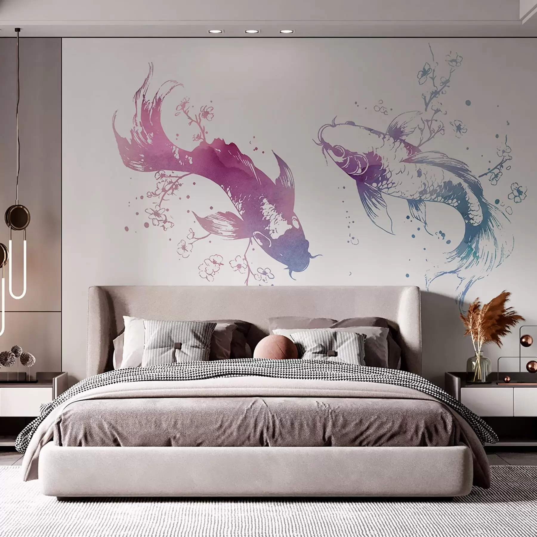 murais de parede Peixe em aguarela, estilo oriental, cerejeira, azul e roxo w03447