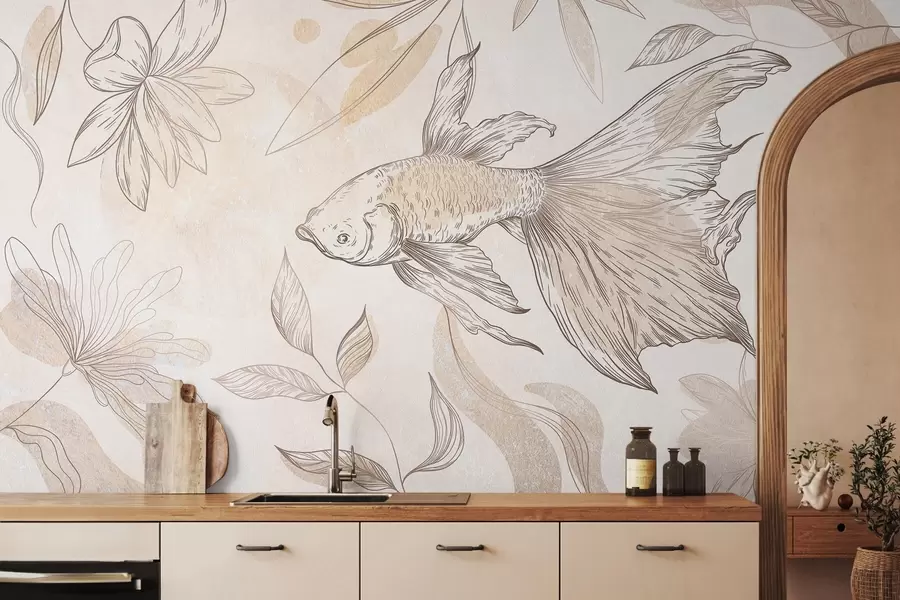 murais de parede Peixe com elementos florais, fundo bege, desenho de linhas w03517