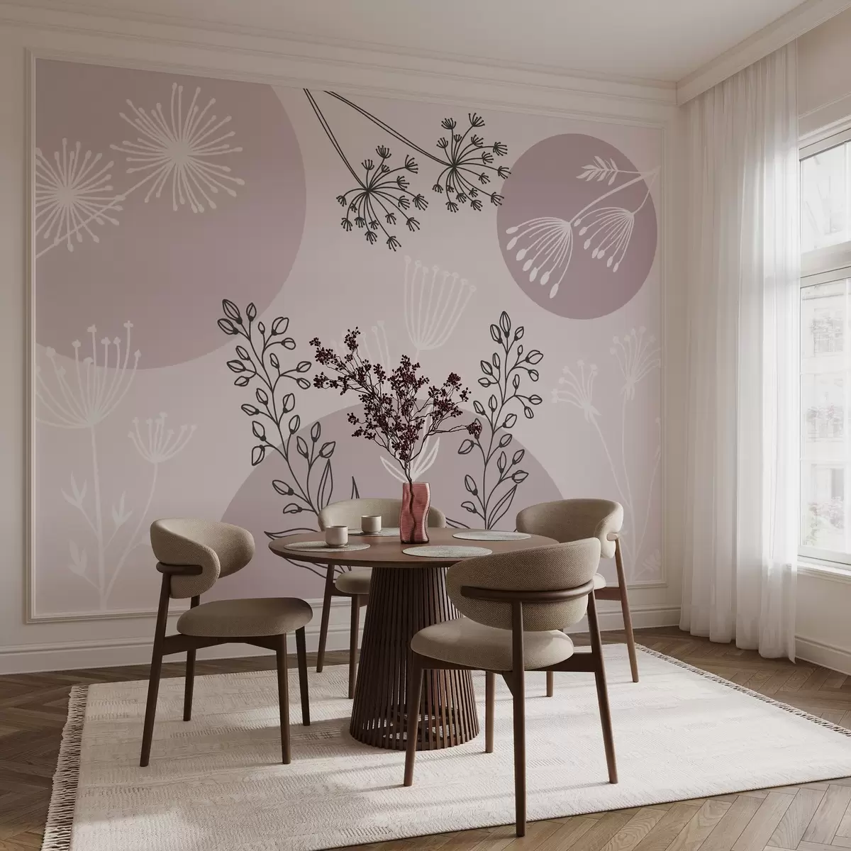 murais de parede Abstração com círculos e plantas em tons de rosa w03483