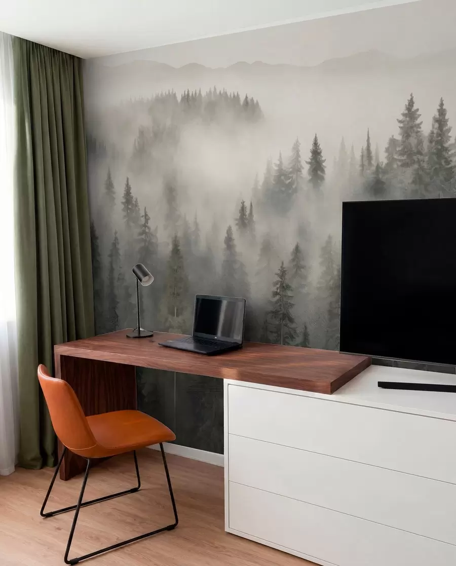 murais de parede Floresta de coníferas com nevoeiro w03524