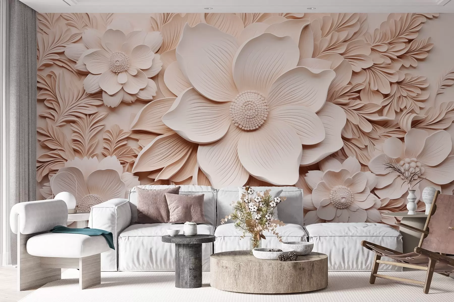 murais de parede Flores e folhas bege com efeito de relevo w08933