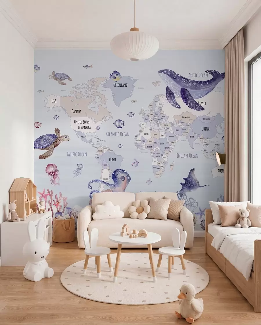 murais de parede Mundo subaquático com mapa-mundo w03526v1