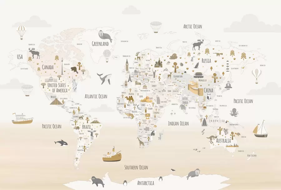 murais de parede Mapa-mundo com animais e pontos de referência w03410v1