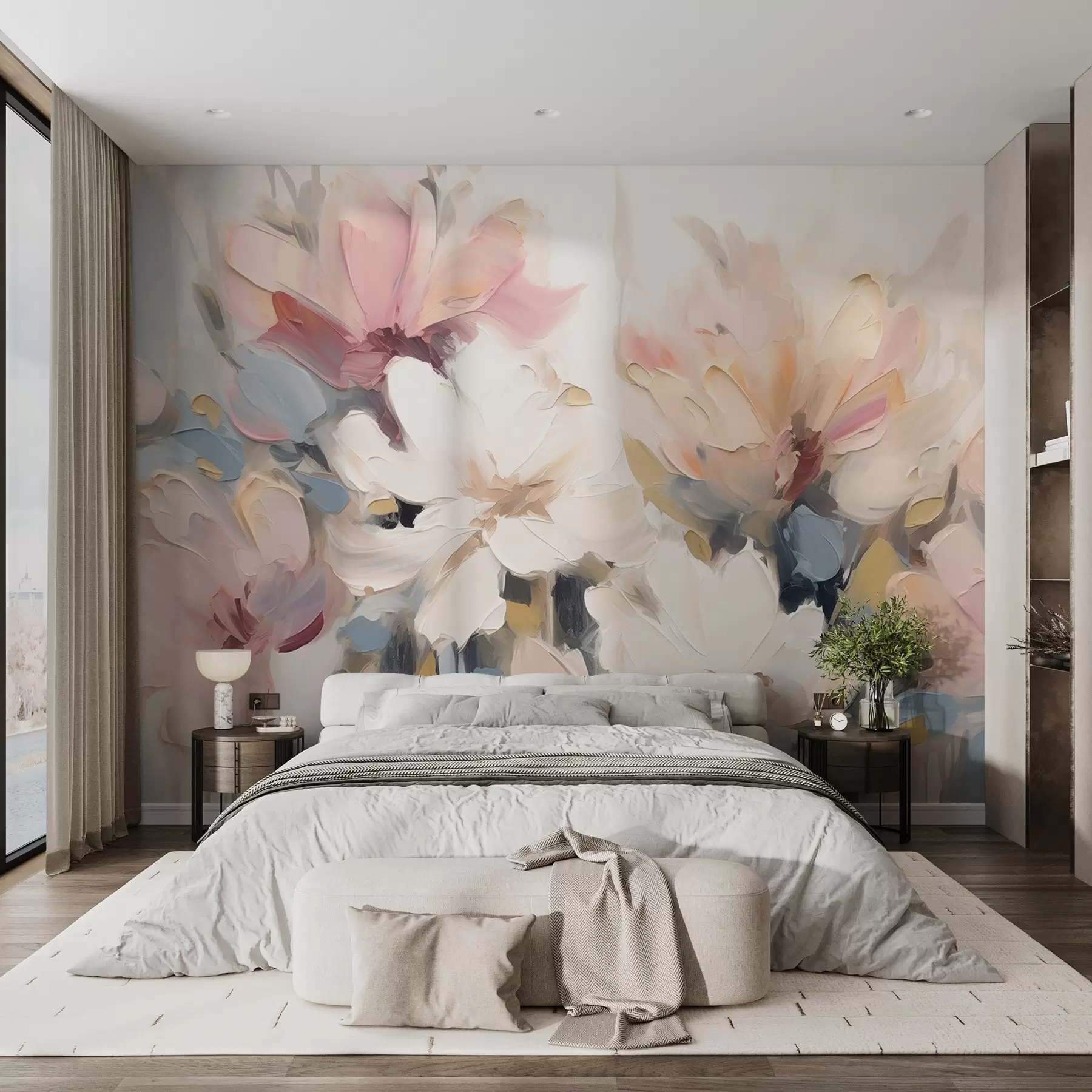 murais de parede Flores abstractas em estilo de pintura a óleo em tons suaves w03575