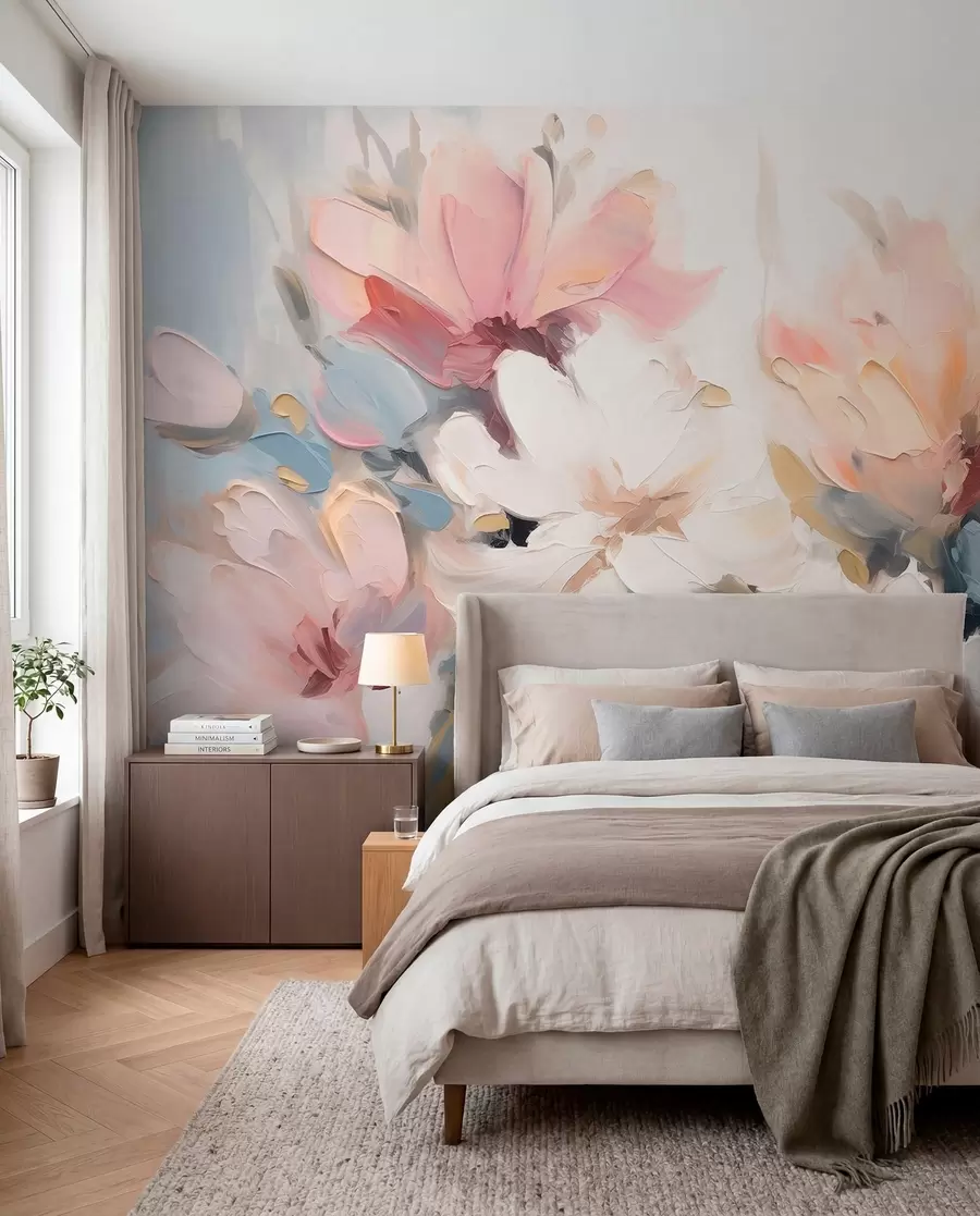 murais de parede Flores abstractas em estilo de pintura a óleo em tons suaves w03575