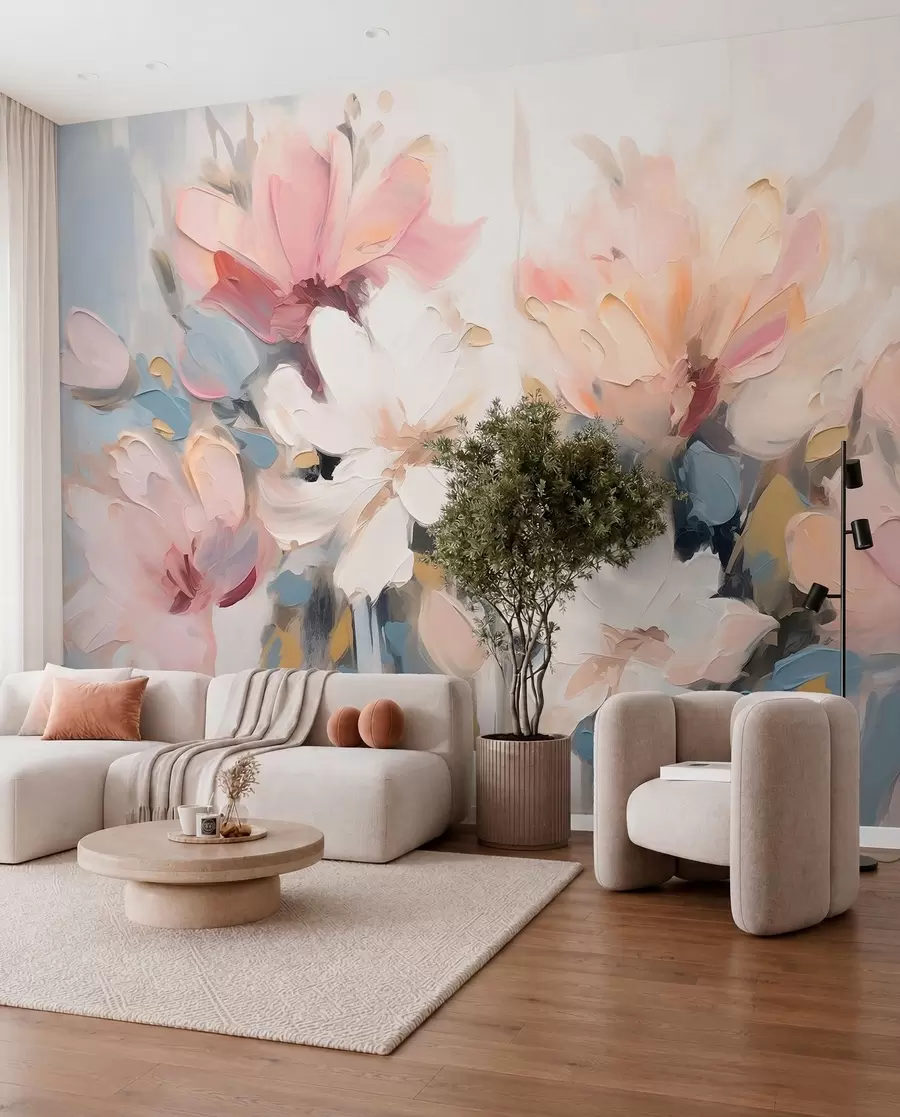 murais de parede Flores abstractas em estilo de pintura a óleo em tons suaves w03575