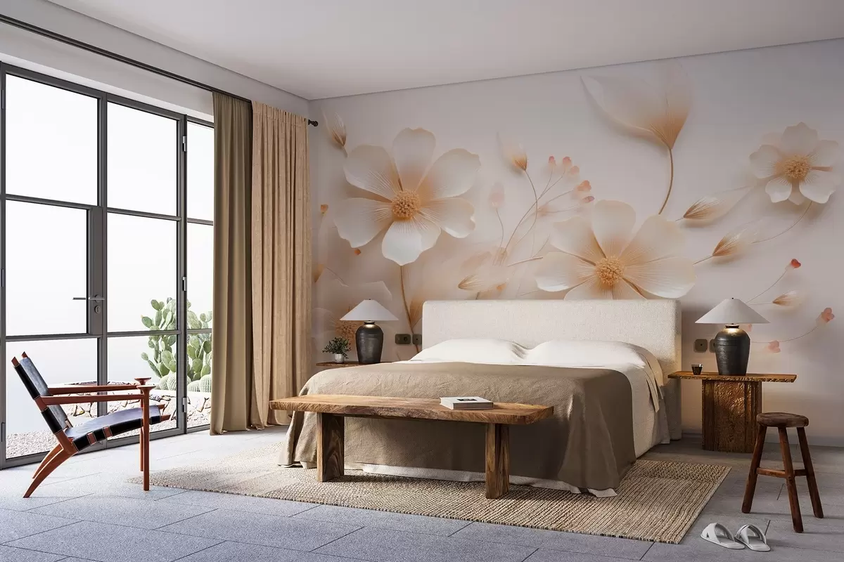 murais de parede Flores silvestres delicadas em bege claro w08953