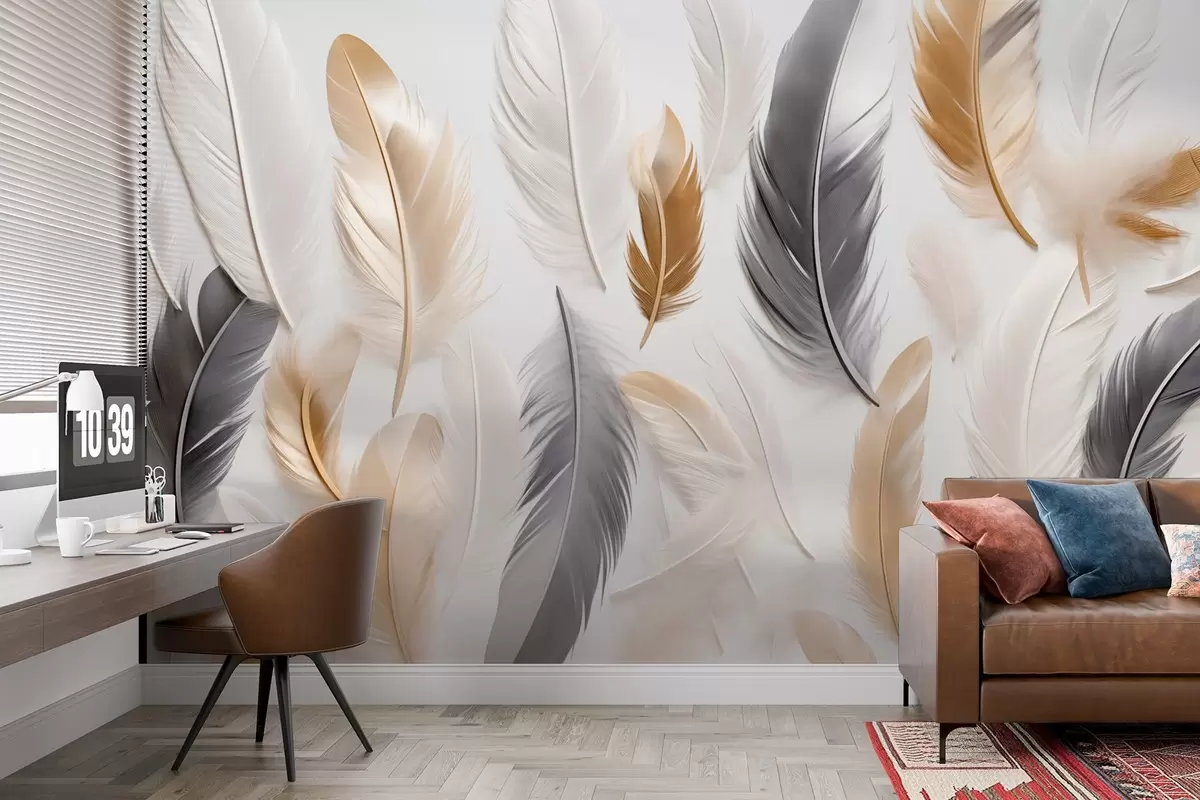 murais de parede Penas bege-cinzentas em tons suaves e calmos w08955