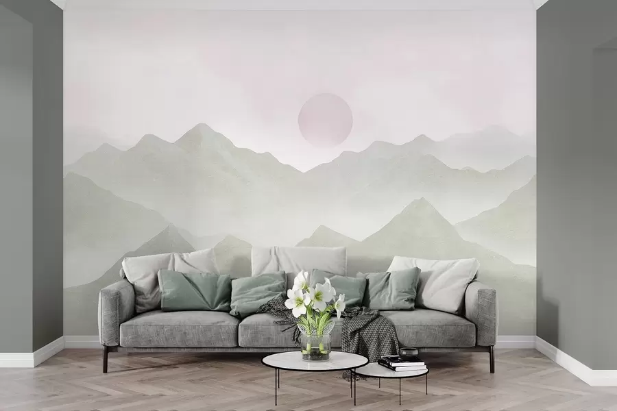 murais de parede Paisagem de montanhas estilo Boho, pôr do sol, pastel suave, verde w03547