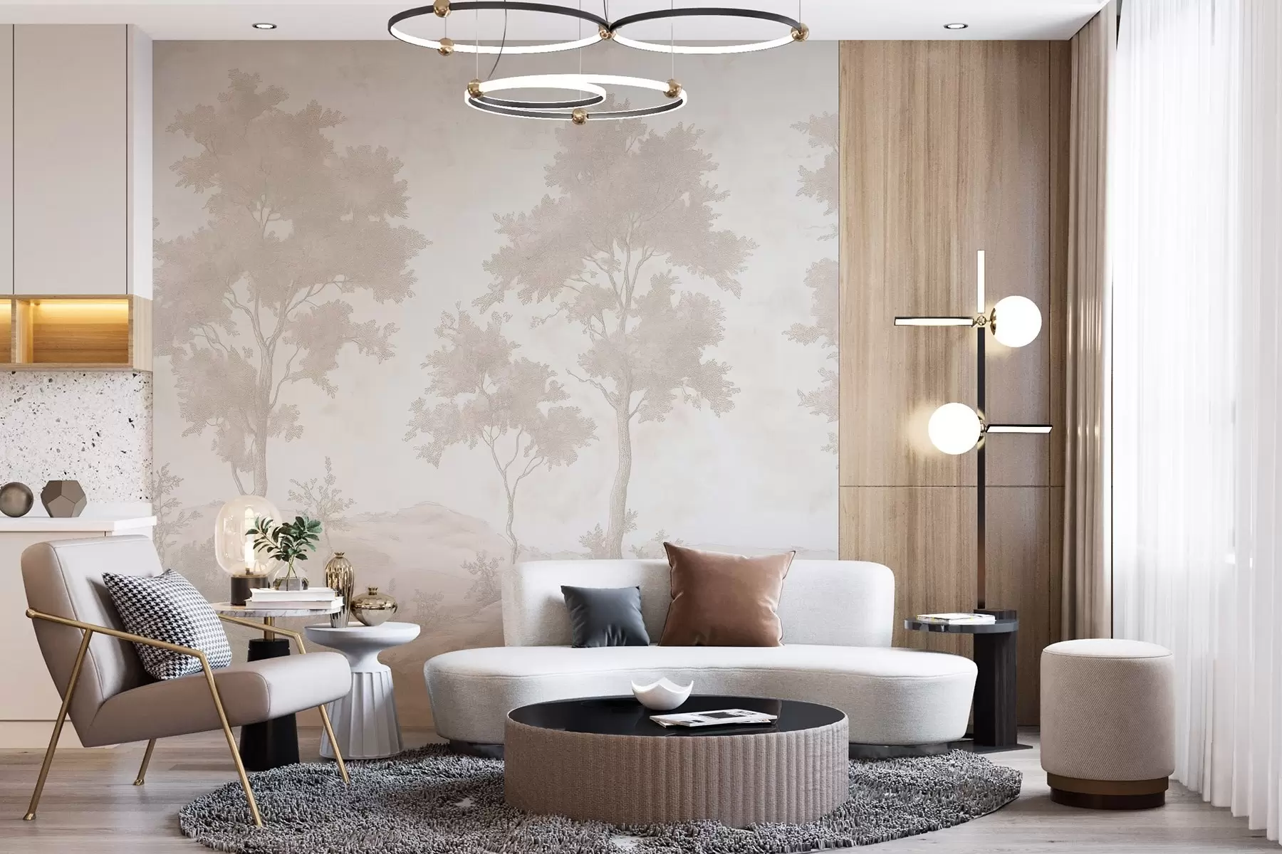 murais de parede Árvores na colina, desenho em estilo pastel, cores bege, rústico w03550