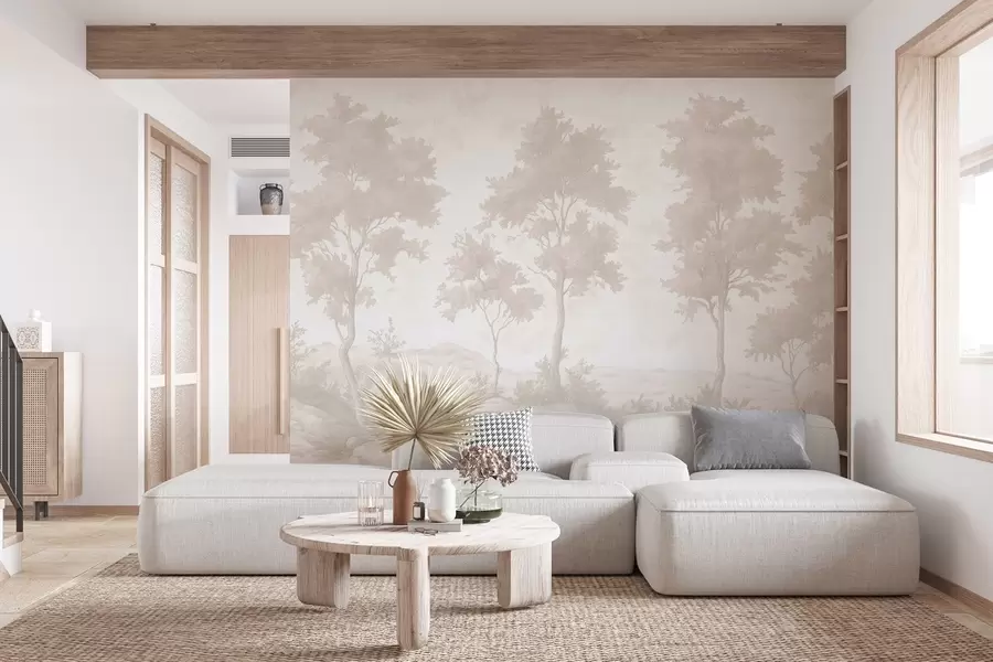 murais de parede Árvores na colina, desenho em estilo pastel, cores bege, rústico w03550