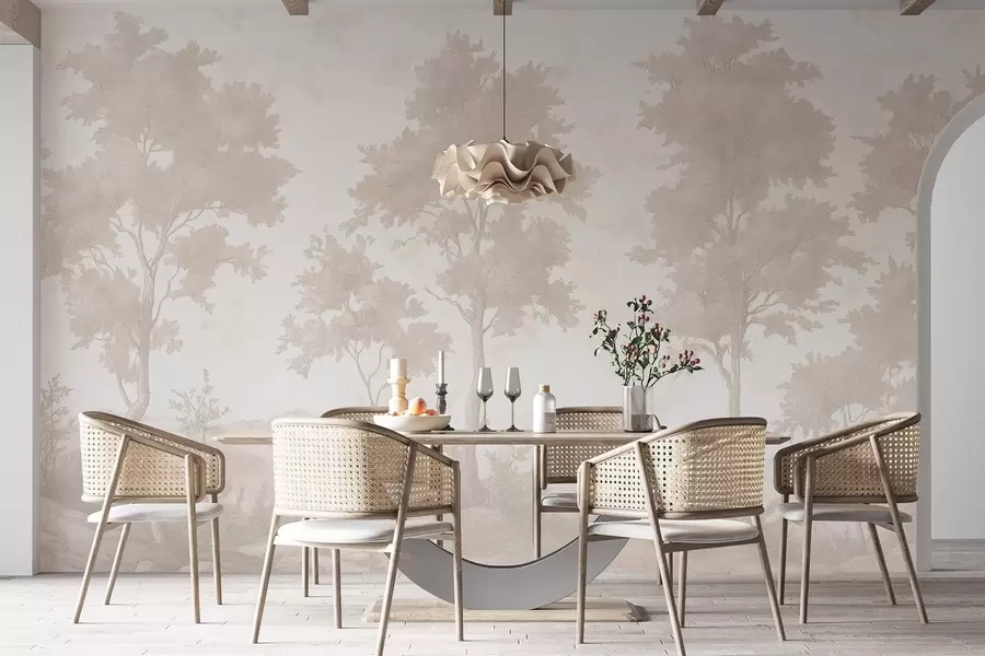 murais de parede Árvores na colina, desenho em estilo pastel, cores bege, rústico w03550