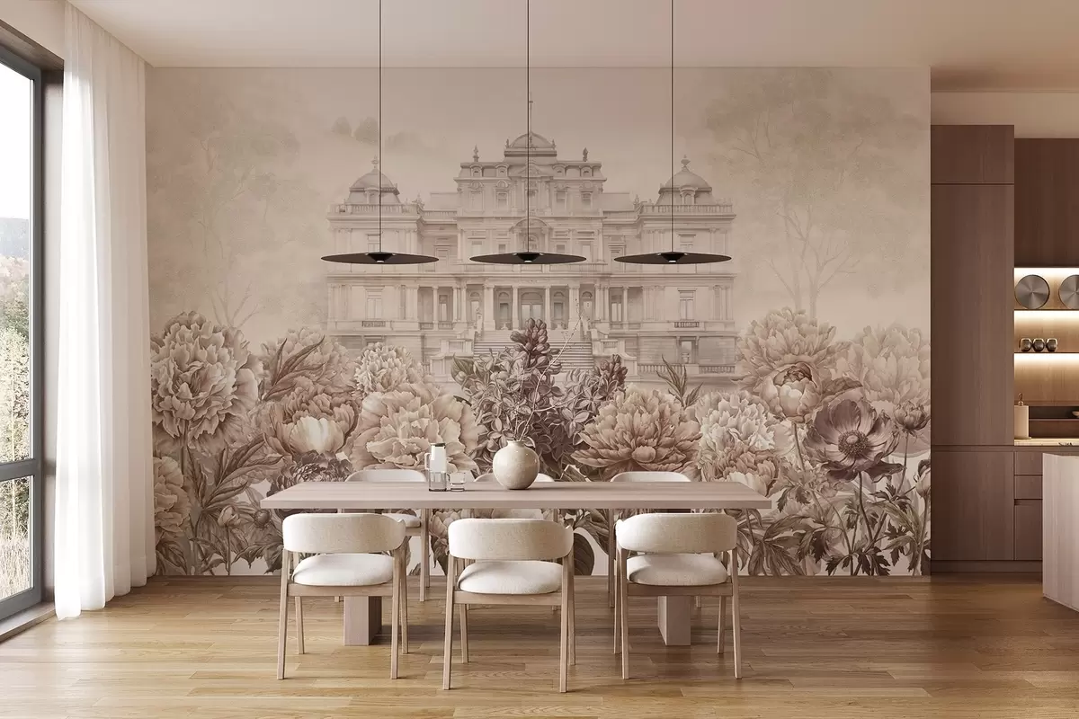 murais de parede Palácio real com jardim de peónias, estilo aguarela, natureza, cores bege, boho w03552