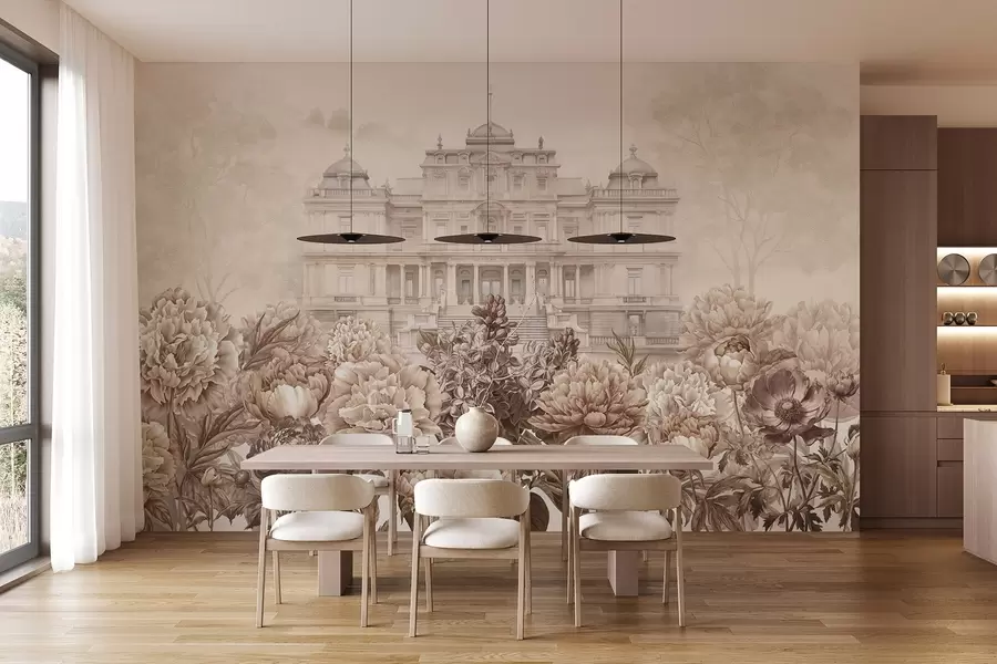 murais de parede Palácio real com jardim de peónias, estilo aguarela, natureza, cores bege, boho w03552