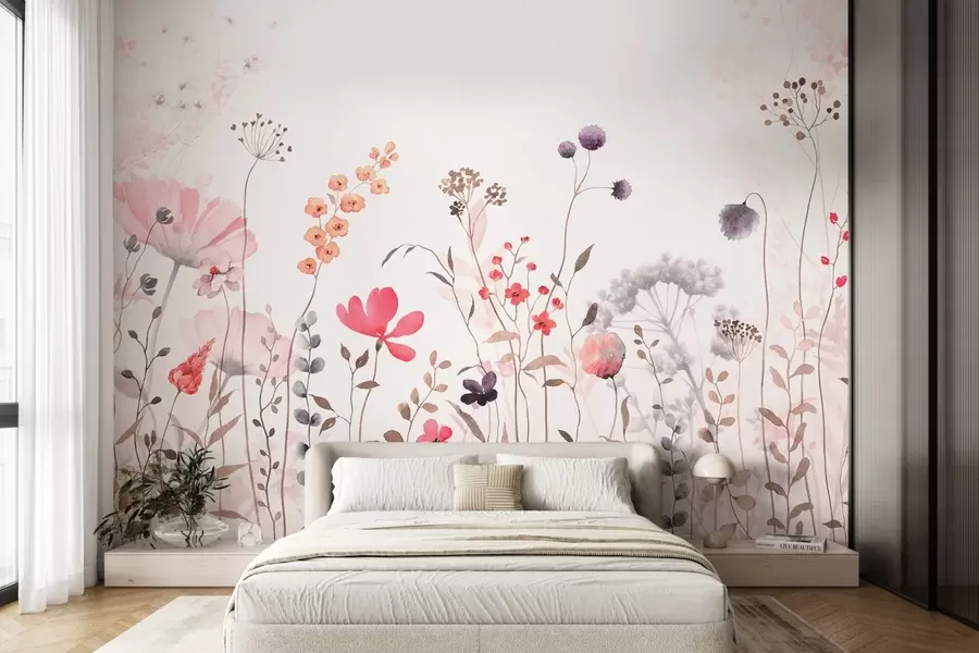 murais de parede Flores silvestres em estilo aguarela com papoilas, crisântemos, dentes-de-leão e relva w08956